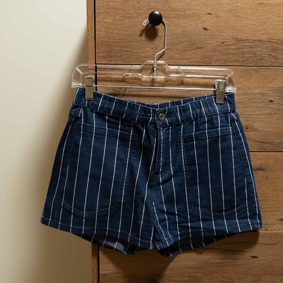 High Rise Navy and White Striped Denim Shorts - Picture 2 of 10